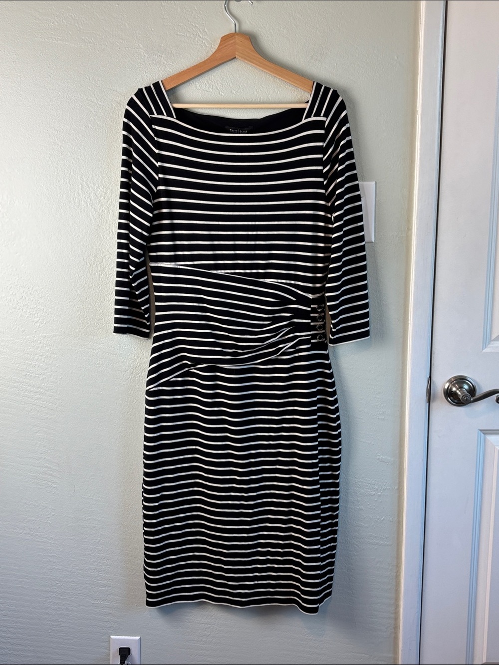 White House Black Market Black & White Striped Three-Quarter Sleeve Dress
